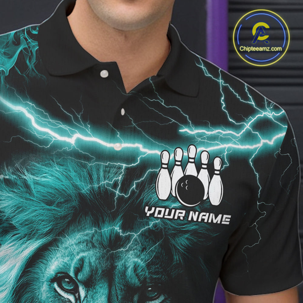 Personalized Turquoise Lightning Thunder Lion Bowling Shirts For Men Custom Bowling Team Jerseys TDM7221