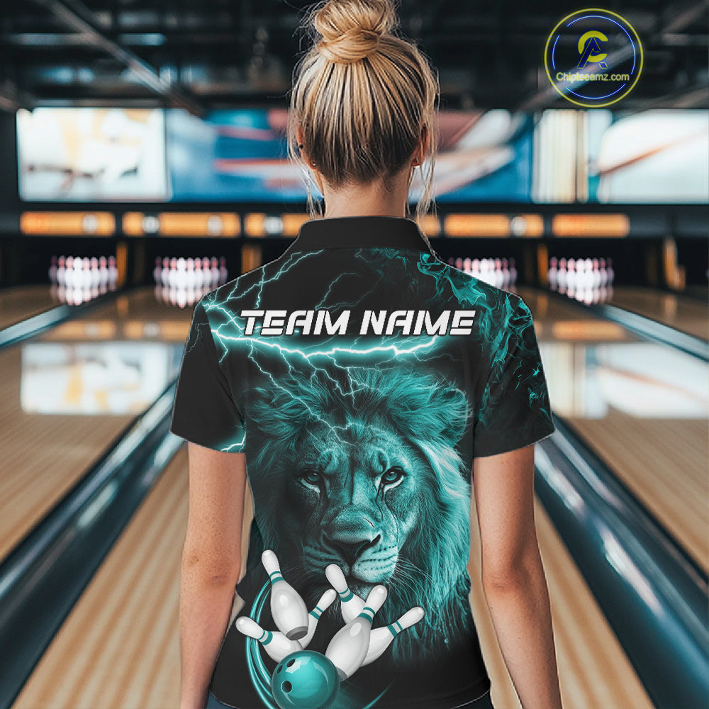 Personalized Turquoise Lightning Thunder Lion Bowling Shirts For Women Custom Bowling Team Jerseys TDM7221