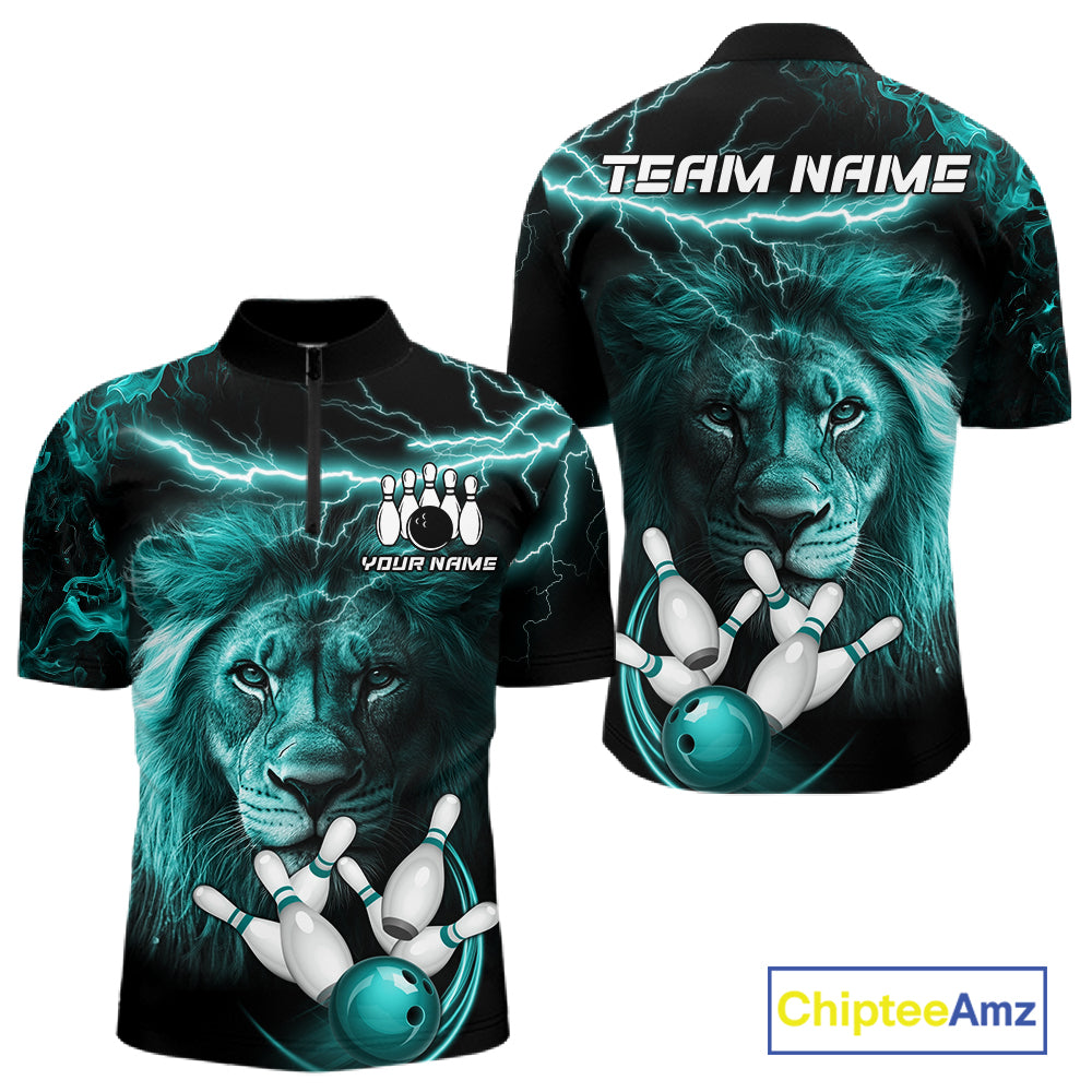 Personalized Turquoise Lightning Thunder Lion Bowling Shirts For Men Custom Bowling Team Jerseys TDM7221