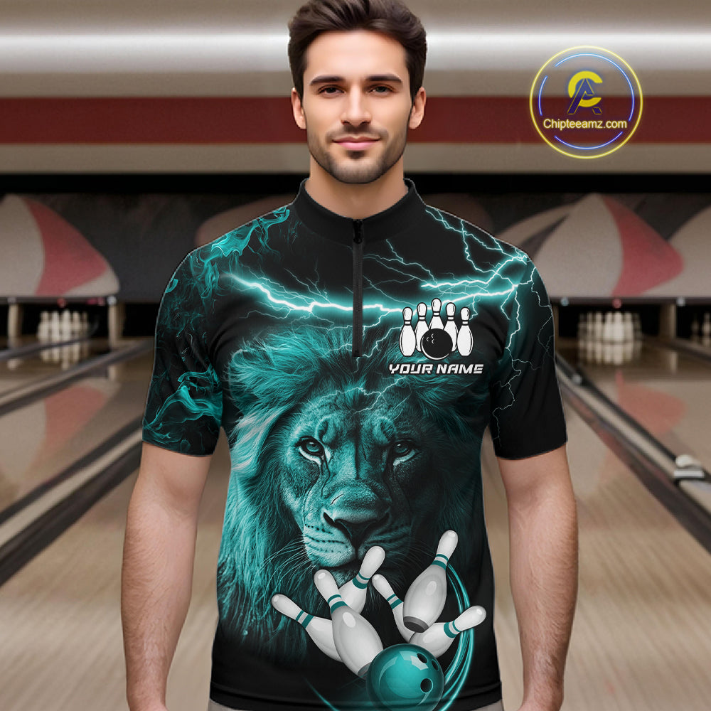 Personalized Turquoise Lightning Thunder Lion Bowling Shirts For Men Custom Bowling Team Jerseys TDM7221
