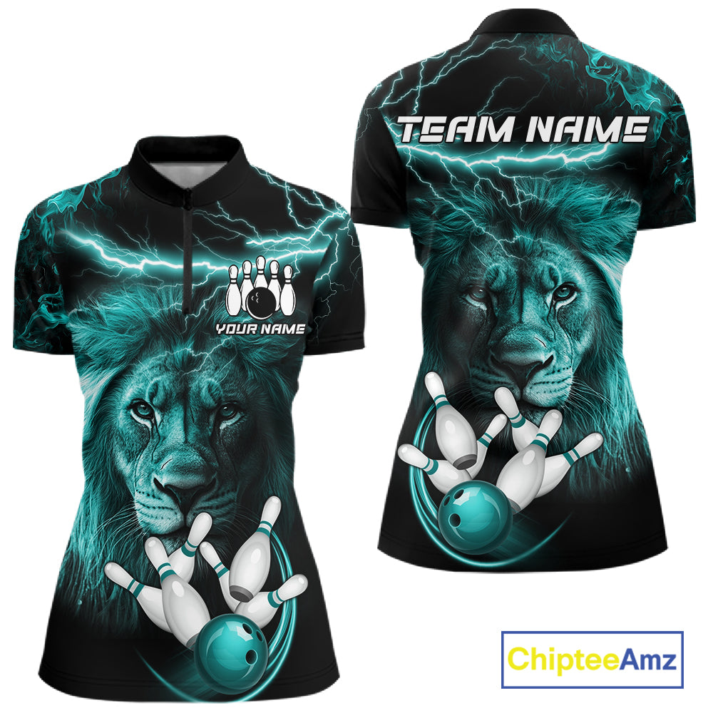 Personalized Turquoise Lightning Thunder Lion Bowling Shirts For Women Custom Bowling Team Jerseys TDM7221