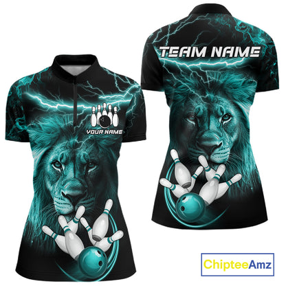 Personalized Turquoise Lightning Thunder Lion Bowling Shirts For Women Custom Bowling Team Jerseys TDM7221