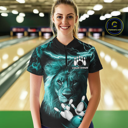Personalized Turquoise Lightning Thunder Lion Bowling Shirts For Women Custom Bowling Team Jerseys TDM7221
