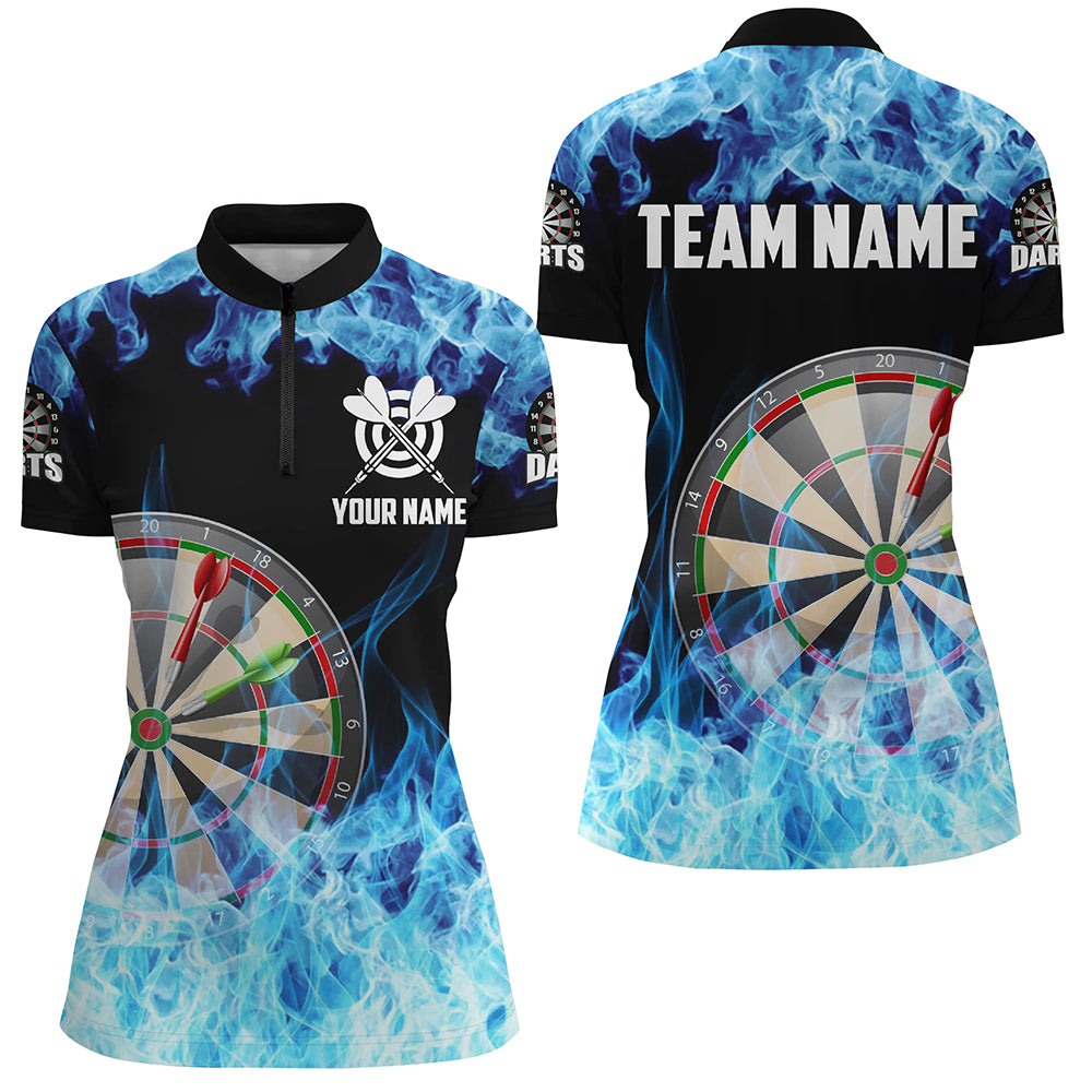 Blue Fire Flame Dartboard Women Darts Quarter-Zip Custom Darts Shirts For Team Dart Jerseys TDM1227