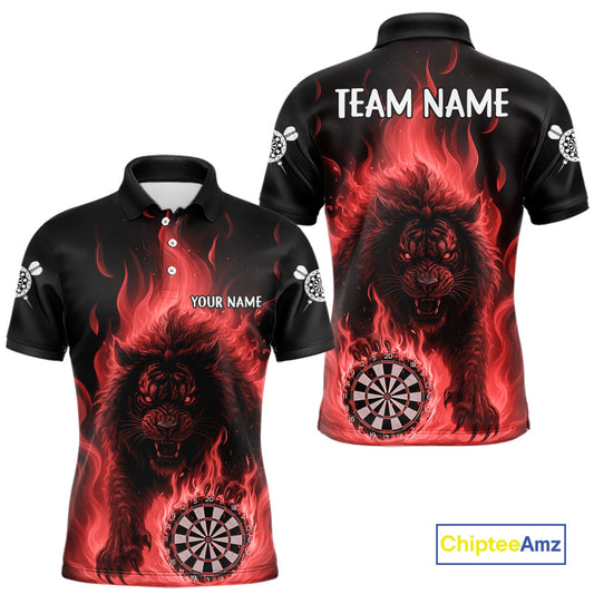 Red Flaming Lion Darts Shirts For Men Custom Fire Darts League Jersey Team Polo & 1/4 Zip TDM6065
