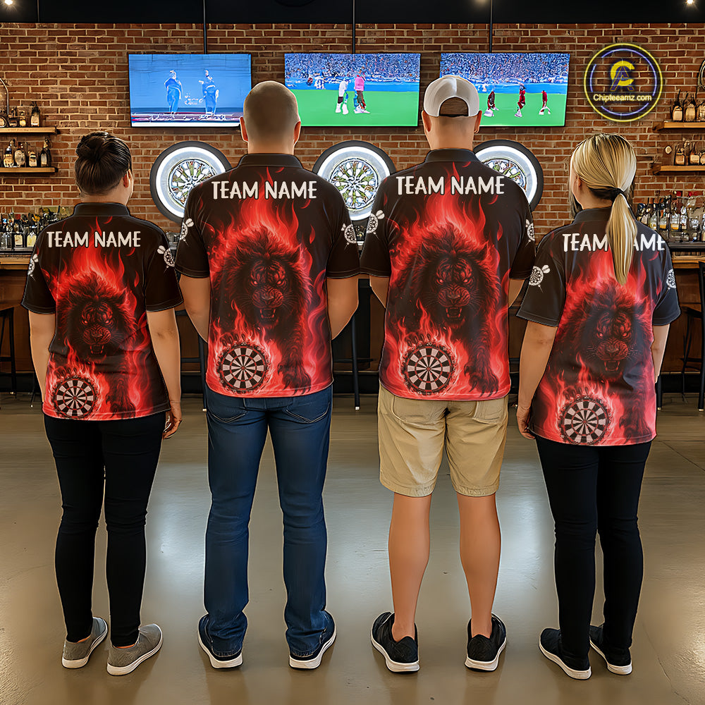 Red Flaming Lion Darts Shirts For Women Custom Fire Darts League Jersey Team Polo & 1/4 Zip TDM6065