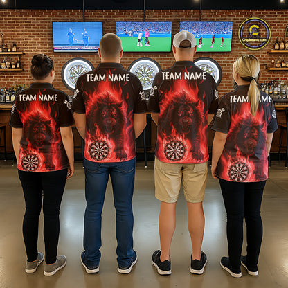 Red Flaming Lion Darts Shirts For Women Custom Fire Darts League Jersey Team Polo & 1/4 Zip TDM6065