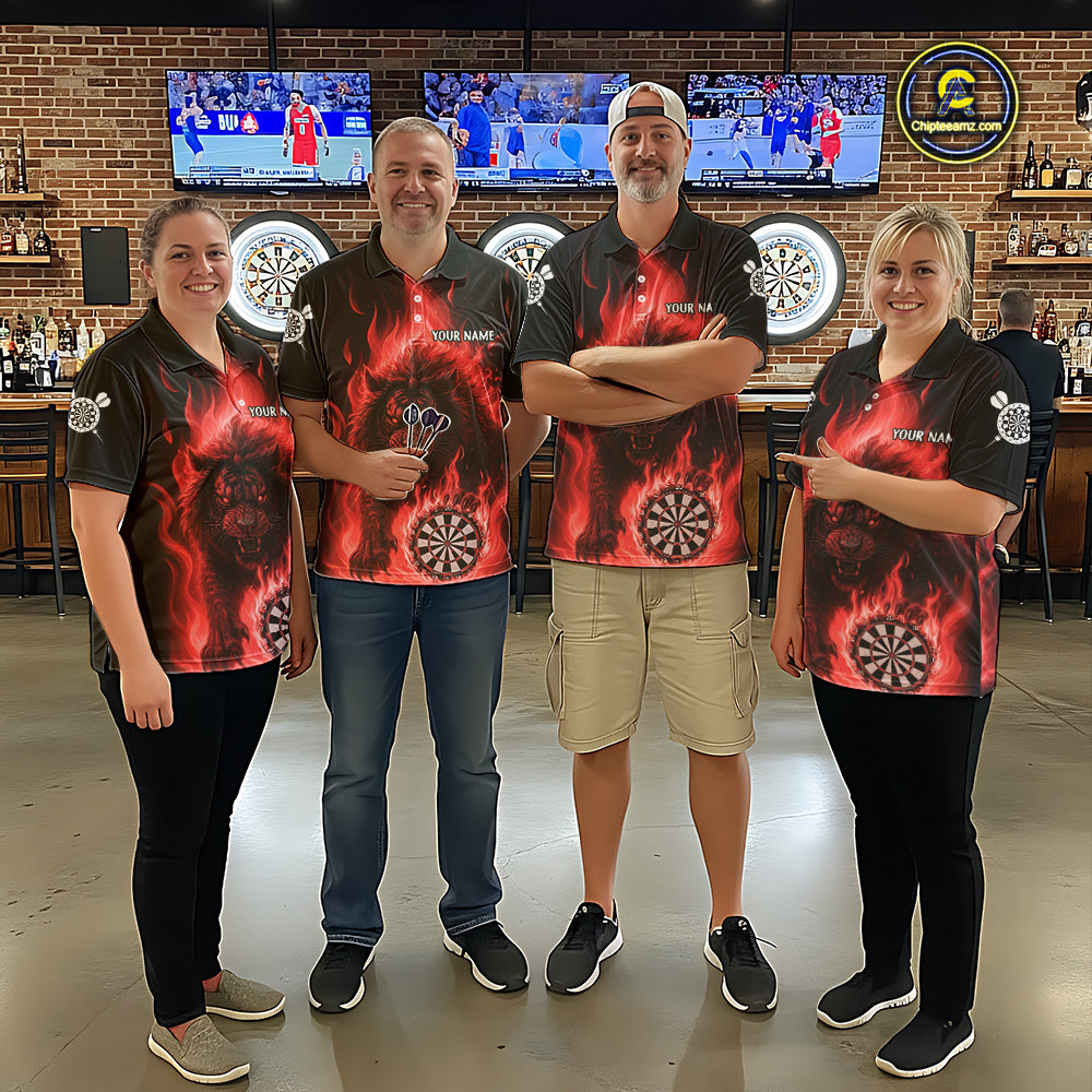 Red Flaming Lion Darts Shirts For Women Custom Fire Darts League Jersey Team Polo & 1/4 Zip TDM6065