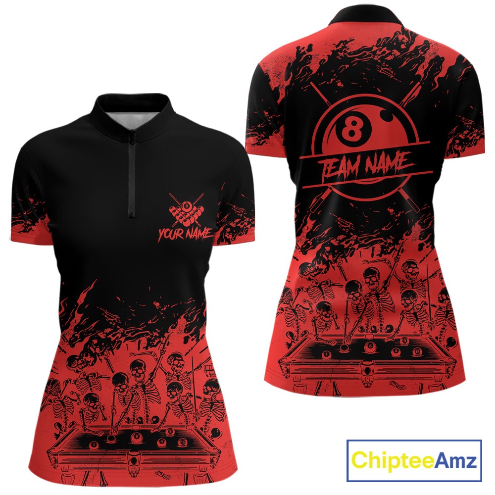 Black And Red Funny Skeleton Billiard Shirts For Women Custom 8 Ball Pool Billiard Team Jersey TDM7230