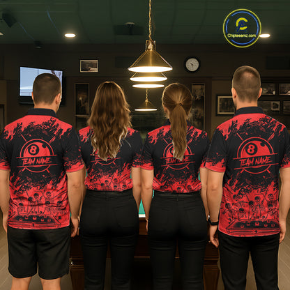 Black And Red Funny Skeleton Billiard Shirts For Men Custom 8 Ball Pool Billiard Team Jersey TDM7230