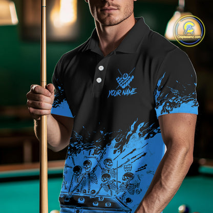 Black And Blue Funny Skeleton Billiard Shirts For Men Custom 8 Ball Pool Billiard Team Jersey TDM7231