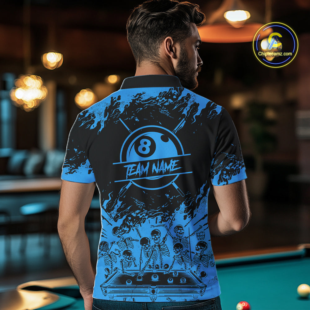 Black And Blue Funny Skeleton Billiard Shirts For Men Custom 8 Ball Pool Billiard Team Jersey TDM7231