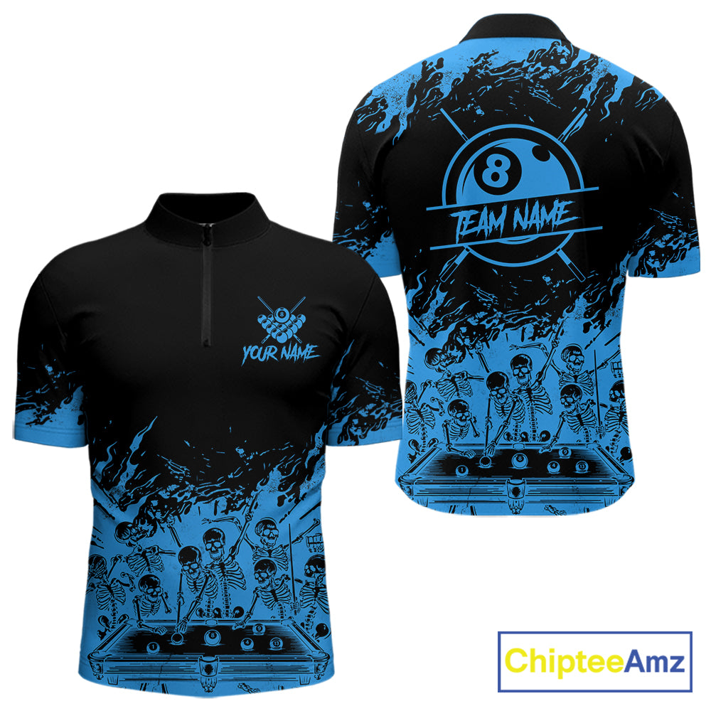 Black And Blue Funny Skeleton Billiard Shirts For Men Custom 8 Ball Pool Billiard Team Jersey TDM7231