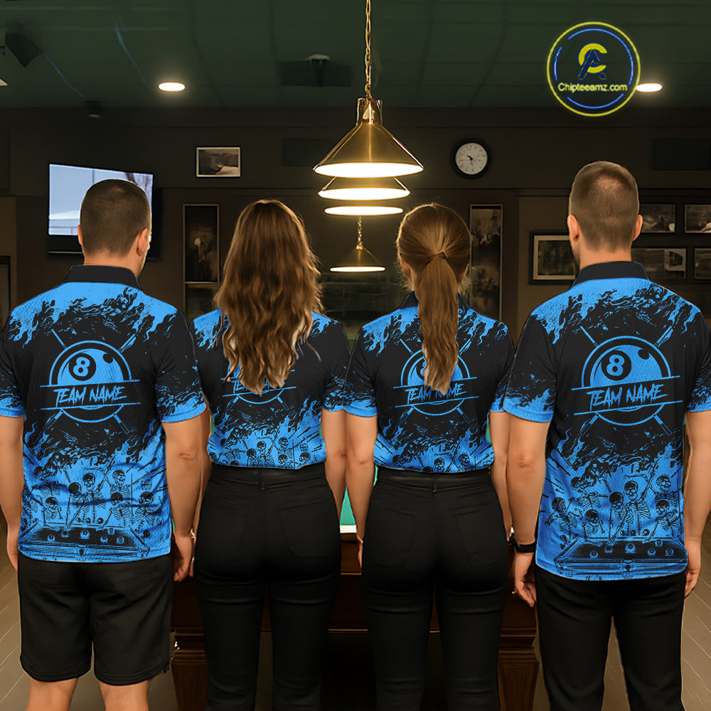 Black And Blue Funny Skeleton Billiard Shirts For Men Custom 8 Ball Pool Billiard Team Jersey TDM7231