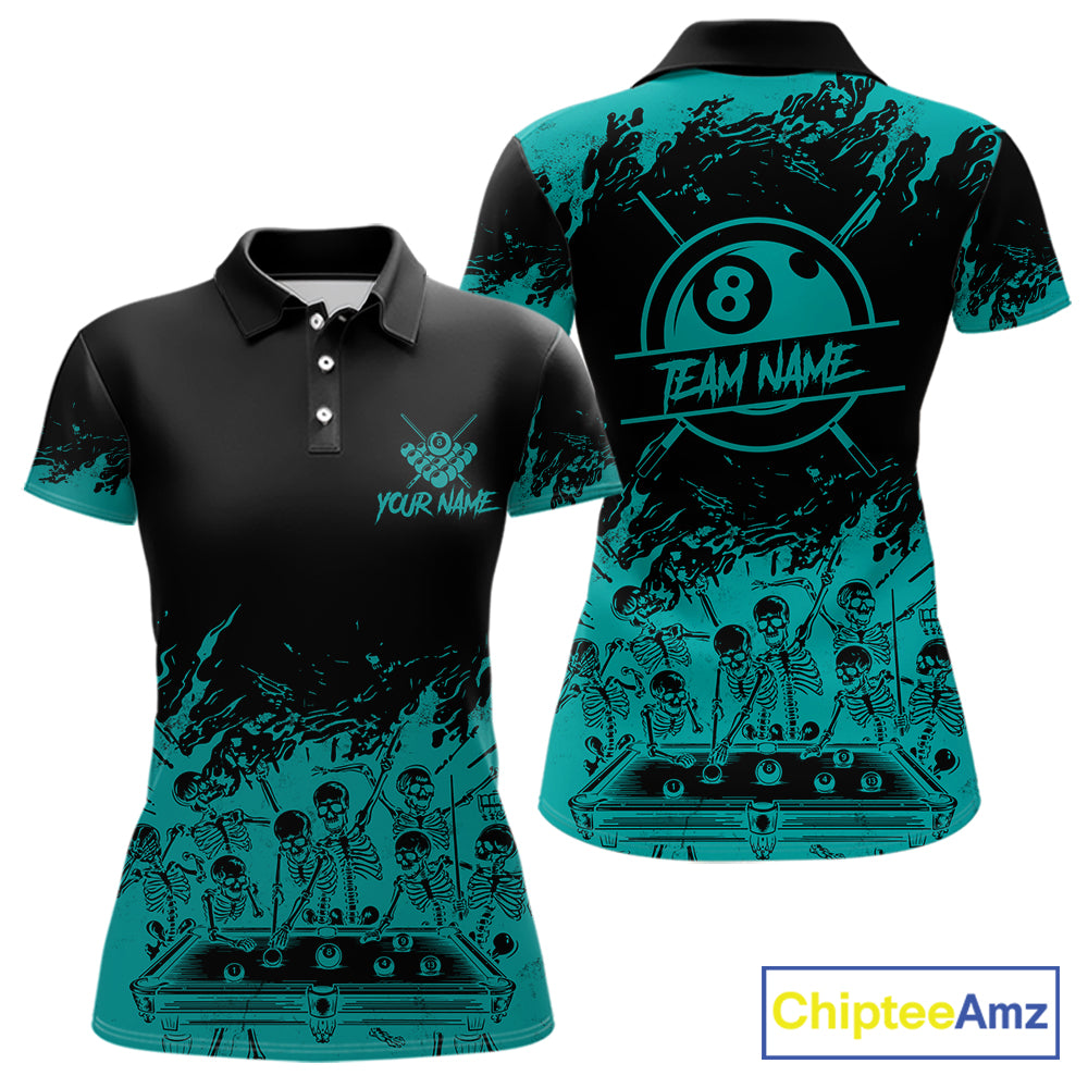 Black And Teal Funny Skeleton Billiard Shirts For Women Custom 8 Ball Pool Billiard Team Jersey TDM7232