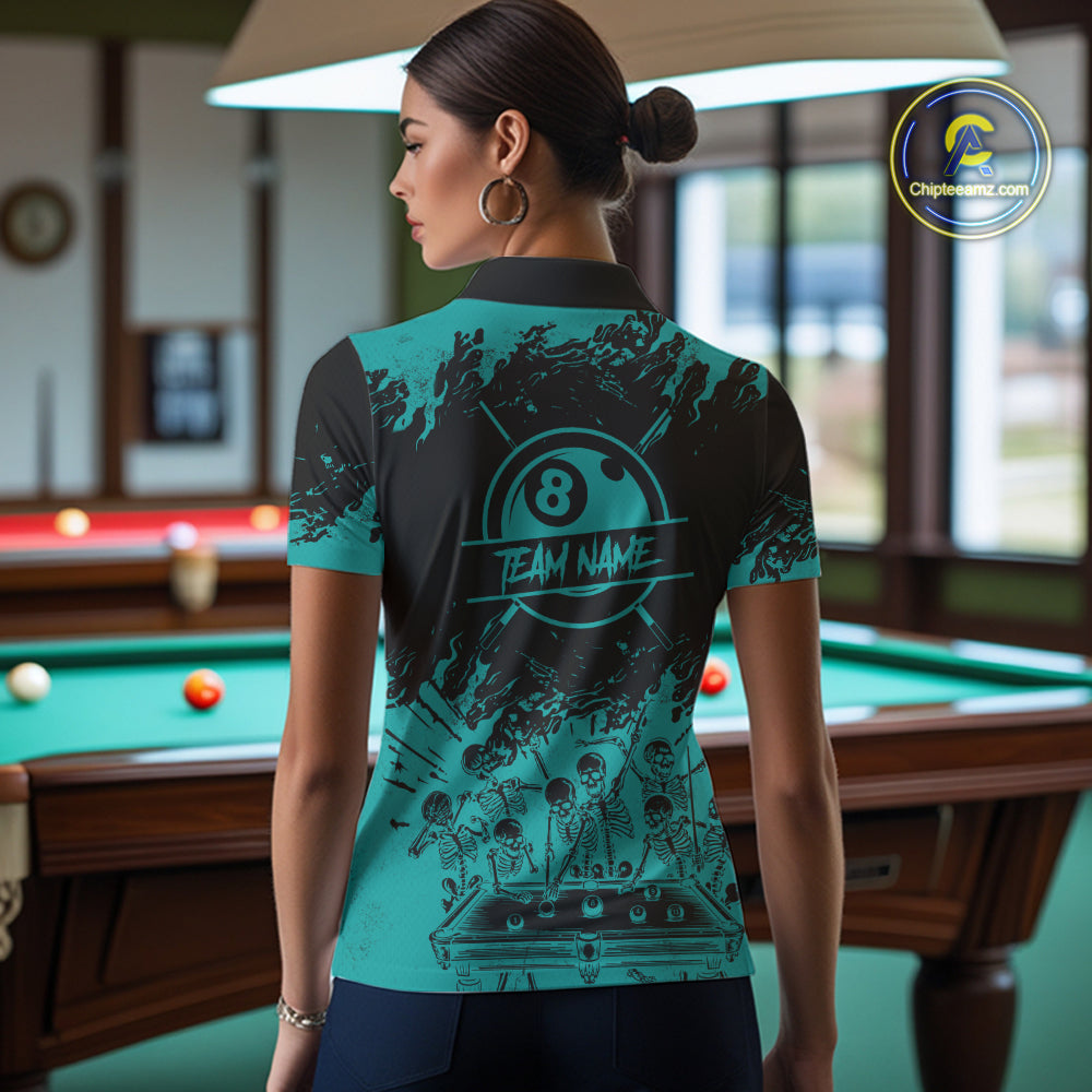 Black And Teal Funny Skeleton Billiard Shirts For Women Custom 8 Ball Pool Billiard Team Jersey TDM7232