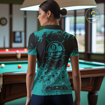 Black And Teal Funny Skeleton Billiard Shirts For Women Custom 8 Ball Pool Billiard Team Jersey TDM7232