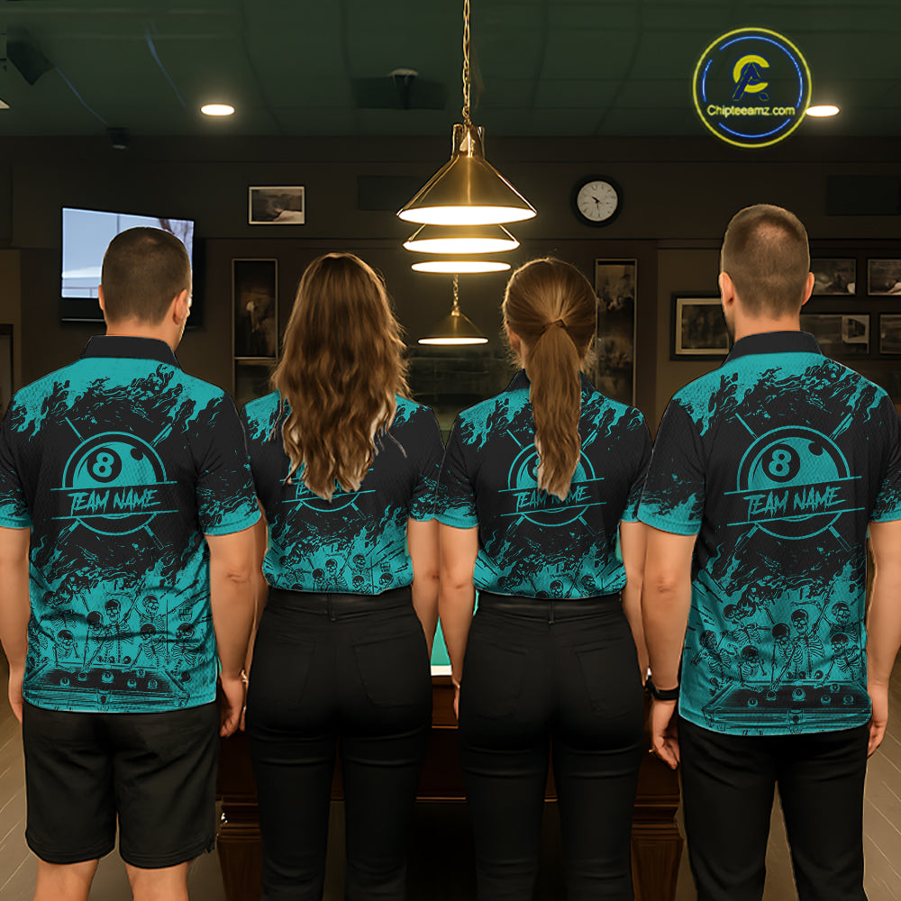 Black And Teal Funny Skeleton Billiard Shirts For Men Custom 8 Ball Pool Billiard Team Jersey TDM7232