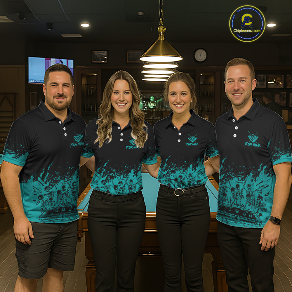 Black And Teal Funny Skeleton Billiard Shirts For Men Custom 8 Ball Pool Billiard Team Jersey TDM7232