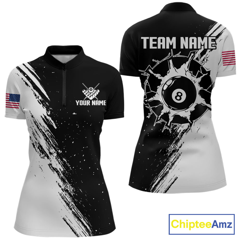 Black And White 8 Ball Billiard Pool Shirts For Women Custom Billiard Tournament Team Jersey TDM7236