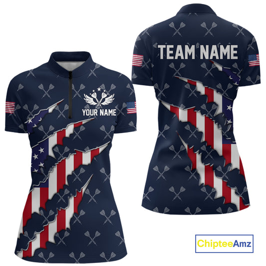 Personalized American Flag Navy Dart Pattern Polo & Quarter Zip For Women, Patriotic Darts Jersey TDM4996