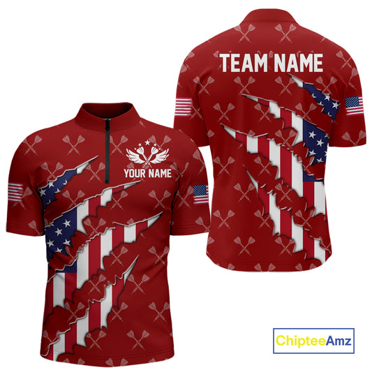 Personalized American Flag Red Dart Pattern Polo & Quarter Zip For Men, Patriotic Darts Jersey TDM4997