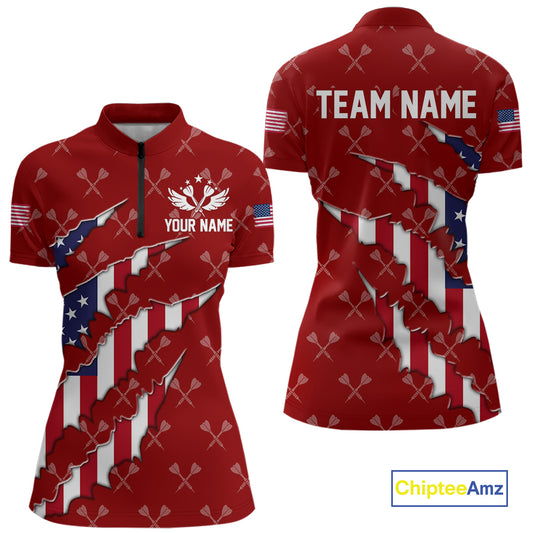 Personalized American Flag Red Dart Pattern Polo & Quarter Zip For Women, Patriotic Darts Jersey TDM4997