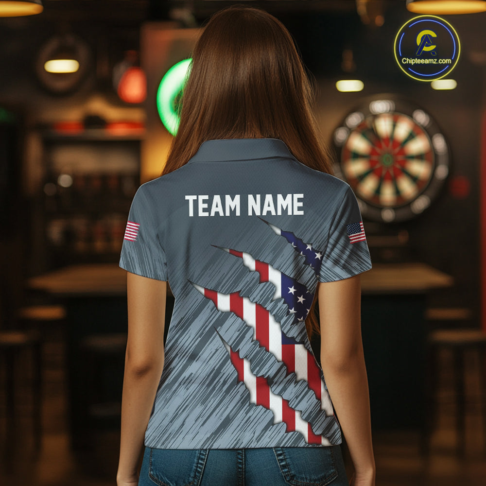 American Flag Grey Grunge Darts Polo & Quarter Zip Custom Dart Shirt For Women Patriotic Dart Jersey TDM4998