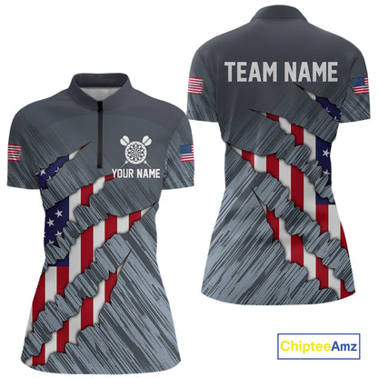 American Flag Grey Grunge Darts Polo & Quarter Zip Custom Dart Shirt For Women Patriotic Dart Jersey TDM4998