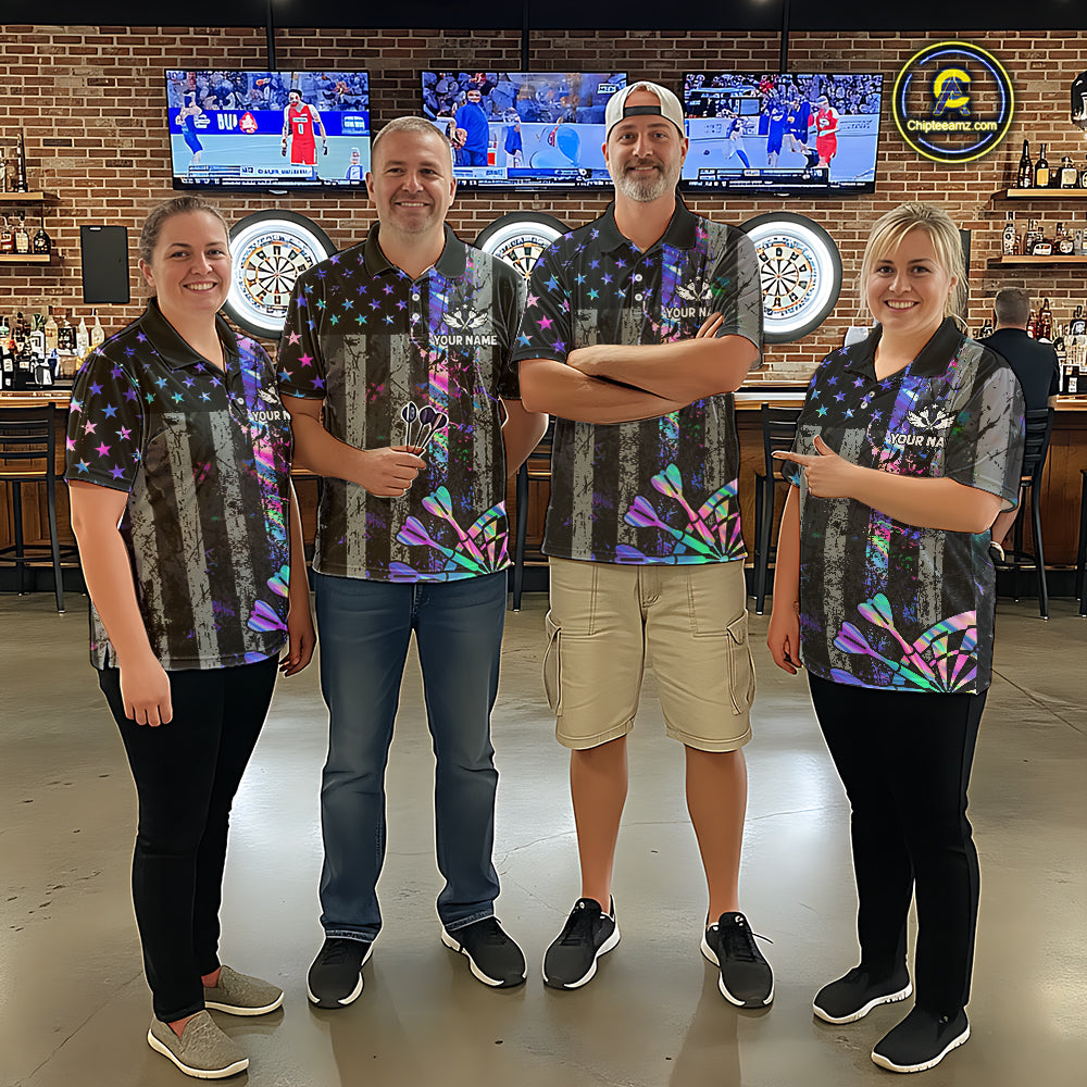Custom Holographic Grunge US Flag Darts Shirt For Men, Patriotic Darts Team Jerseys Polo & 1/4 Zip TDM5455