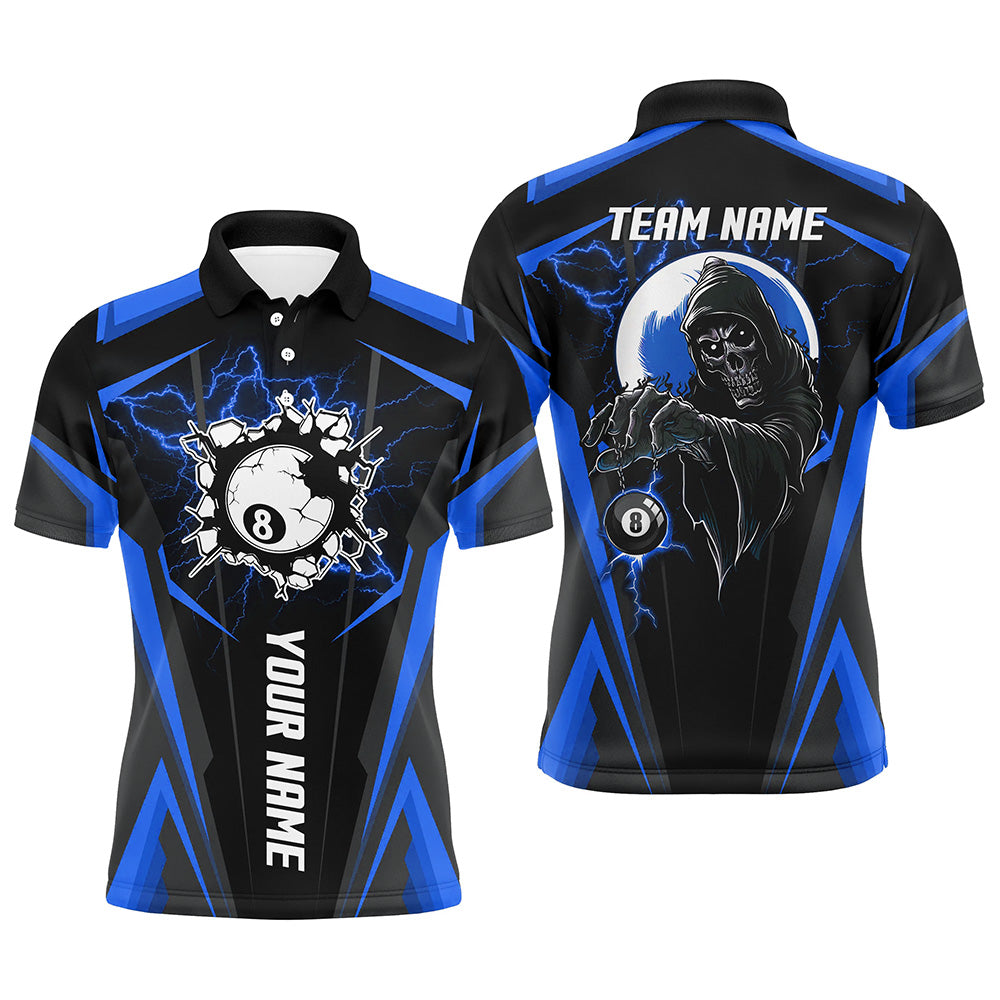 Personalized Blue Billiard Grim Reaper Men Polo Shirts, Custom Team League Billiard Jerseys Shirts TDM1111
