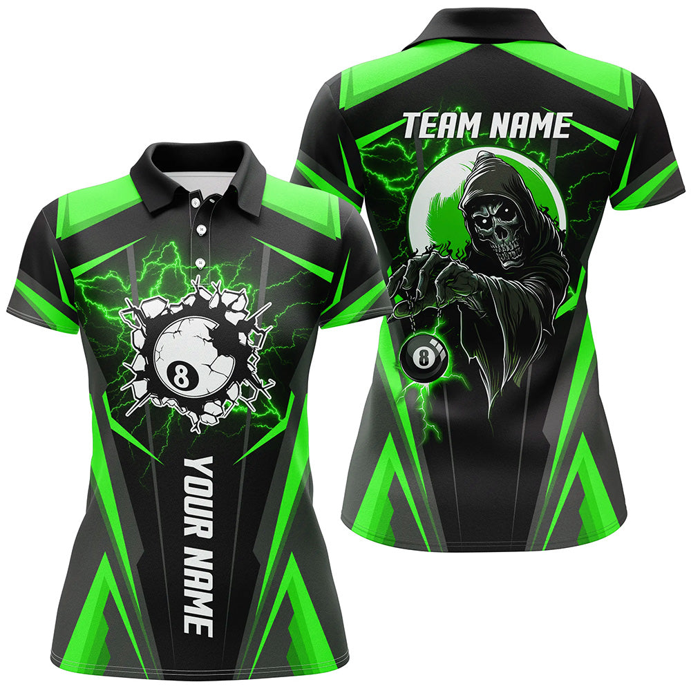 Personalized Green Billiard Grim Reaper Women Polo Shirts, Custom Team League Billiard Jerseys Shirts TDM1112