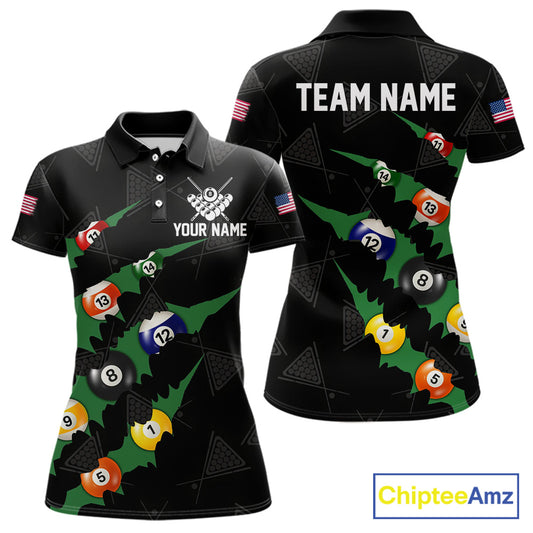 Personalized Scratch Black 8 Ball Billiard Shirt For Women, Pool Team Jersey Polo 1/4 Zip |Green TDM6070