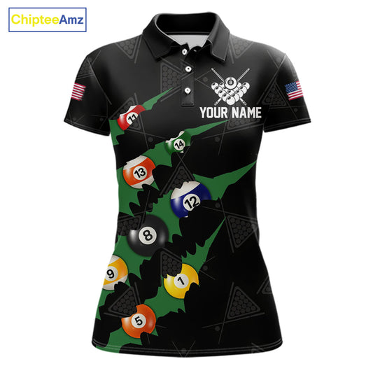 Personalized Scratch Black 8 Ball Billiard Shirt For Women, Pool Team Jersey Polo 1/4 Zip |Green TDM6070