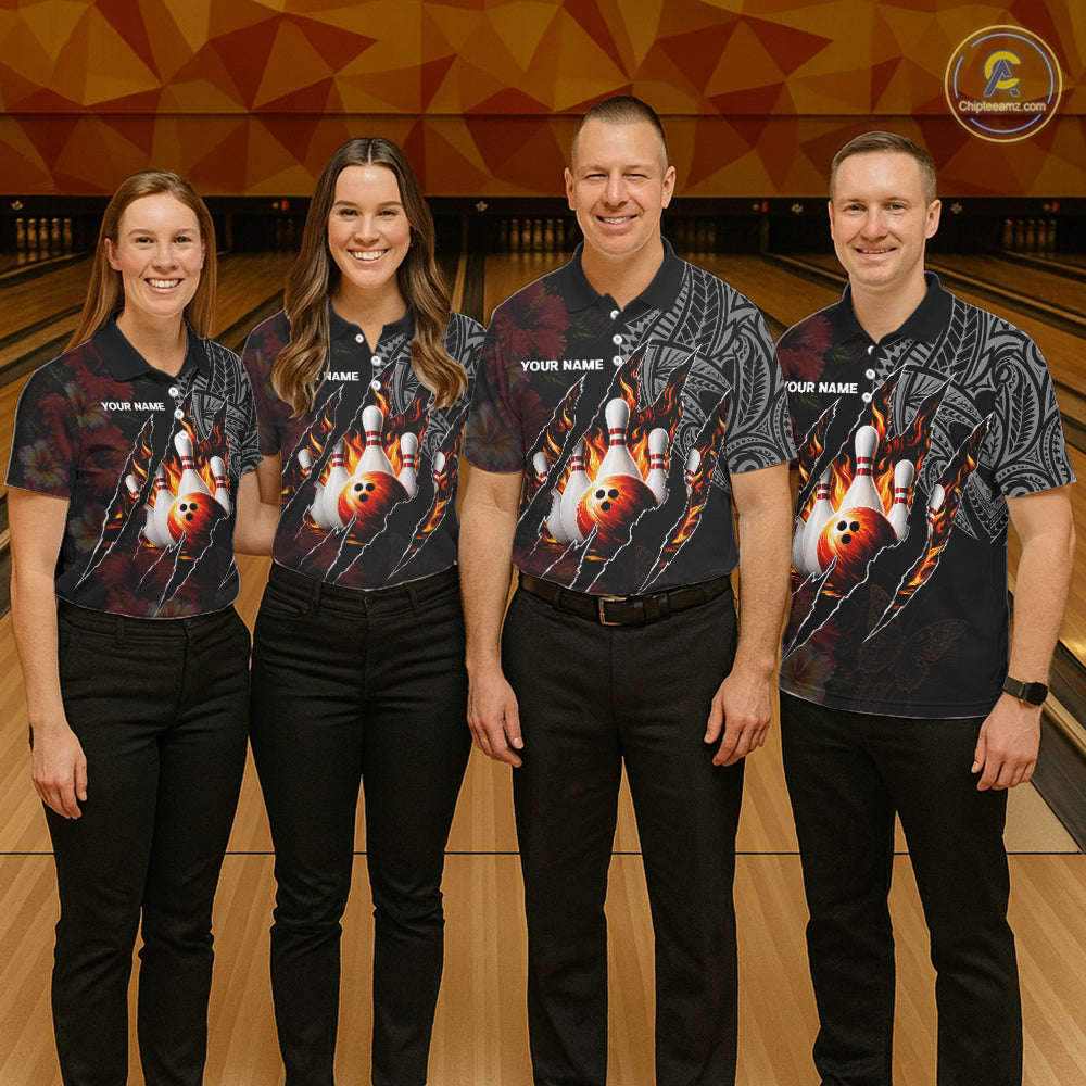 Personalized Hibiscus Flower Flame Bowling Shirt For Women, Tribal Bowling Team Jersey Polo, 1/4 Zip TDM6501