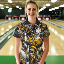 Load image into Gallery viewer, Woman wearing yellow funny bee graffiti bowling team jersey polo shirt featuring colorful graffiti bee artwork, front view.