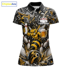 Load image into Gallery viewer, Yellow funny bee graffiti bowling team jersey polo shirt for women featuring colorful graffiti bee artwork, premium custom bowling league apparel for tournaments, league nights and competitive bowling teams.