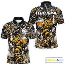 Load image into Gallery viewer, Yellow funny bee graffiti bowling team jersey polo shirt for men featuring colorful graffiti bee artwork, premium custom bowling league apparel for tournaments, league nights and competitive bowling teams.