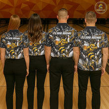 Load image into Gallery viewer, Bowling team wearing matching yellow funny bee graffiti bowling team jerseys featuring vibrant graffiti bee graphics, back view.