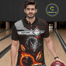 Load image into Gallery viewer, Man wearing personalized fire flame dragon bowling team jersey polo shirt featuring blazing fire dragon artwork, front view.