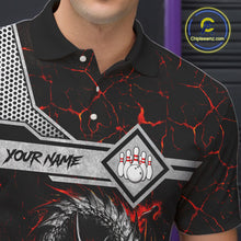 Load image into Gallery viewer, Close-up of the personalized fire flame dragon bowling team jersey polo shirt showing the collar, buttons, premium performance fabric and detailed fire flame dragon graphics.