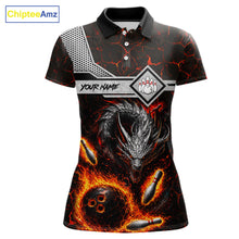 Load image into Gallery viewer, Personalized fire flame dragon bowling team jersey polo shirt for women featuring a fierce fire dragon design, premium custom bowling league apparel for tournaments, league nights and competitive bowling teams.