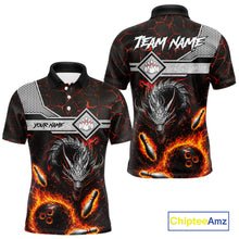 Load image into Gallery viewer, Personalized fire flame dragon bowling team jersey polo shirt for men featuring a fierce fire dragon design, premium custom bowling league apparel for tournaments, league nights and competitive bowling teams.