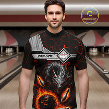Load image into Gallery viewer, Man wearing personalized fire flame dragon bowling team jersey quarter zip shirt featuring blazing fire dragon artwork, front view.