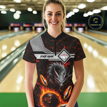 Load image into Gallery viewer, Woman wearing personalized fire flame dragon bowling team jersey polo shirt featuring blazing fire dragon artwork, back view.