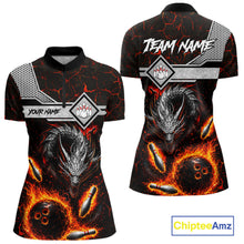 Load image into Gallery viewer, Personalized fire flame dragon bowling team jersey quarter zip shirt for women featuring blazing fire dragon artwork, premium custom bowling league apparel for tournaments and league play.