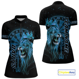 Black And Blue Funny Lion Crown Darts Shirt For Women Custom Darts League Jersey Polo & 1/4 Zip TDM5001