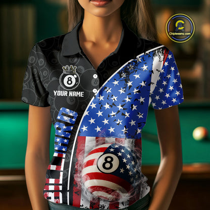 American Flag 8 Ball Smoke Billiard Shirts For Women Custom Patriotic Pool Team Jerseys TDM3997