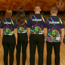 Load image into Gallery viewer, Back view of bowling team wearing matching watermelon bowling shirts in a bowling alley.