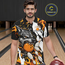 Load image into Gallery viewer, Man wearing personalized orange flame wolf bowling team jersey polo shirt featuring orange flame wolf artwork, front view.